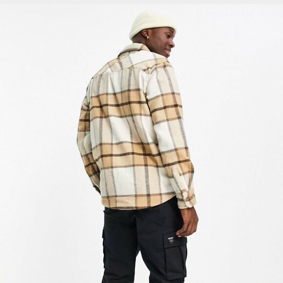 NWOT Pull & Bear checked wool shirt in ecru S - Picture 3 of 8